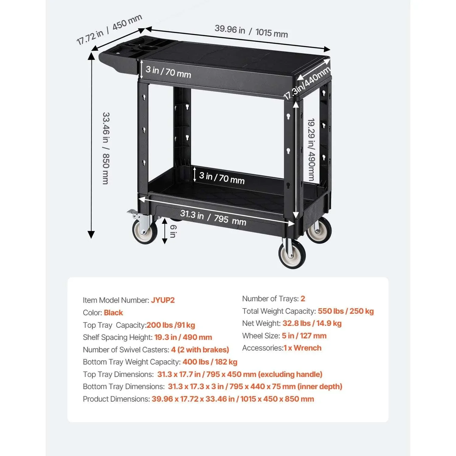 Heavy Duty 2-Tier Utility Cart with 550 lb Capacity & Swivel Wheels - Image 23