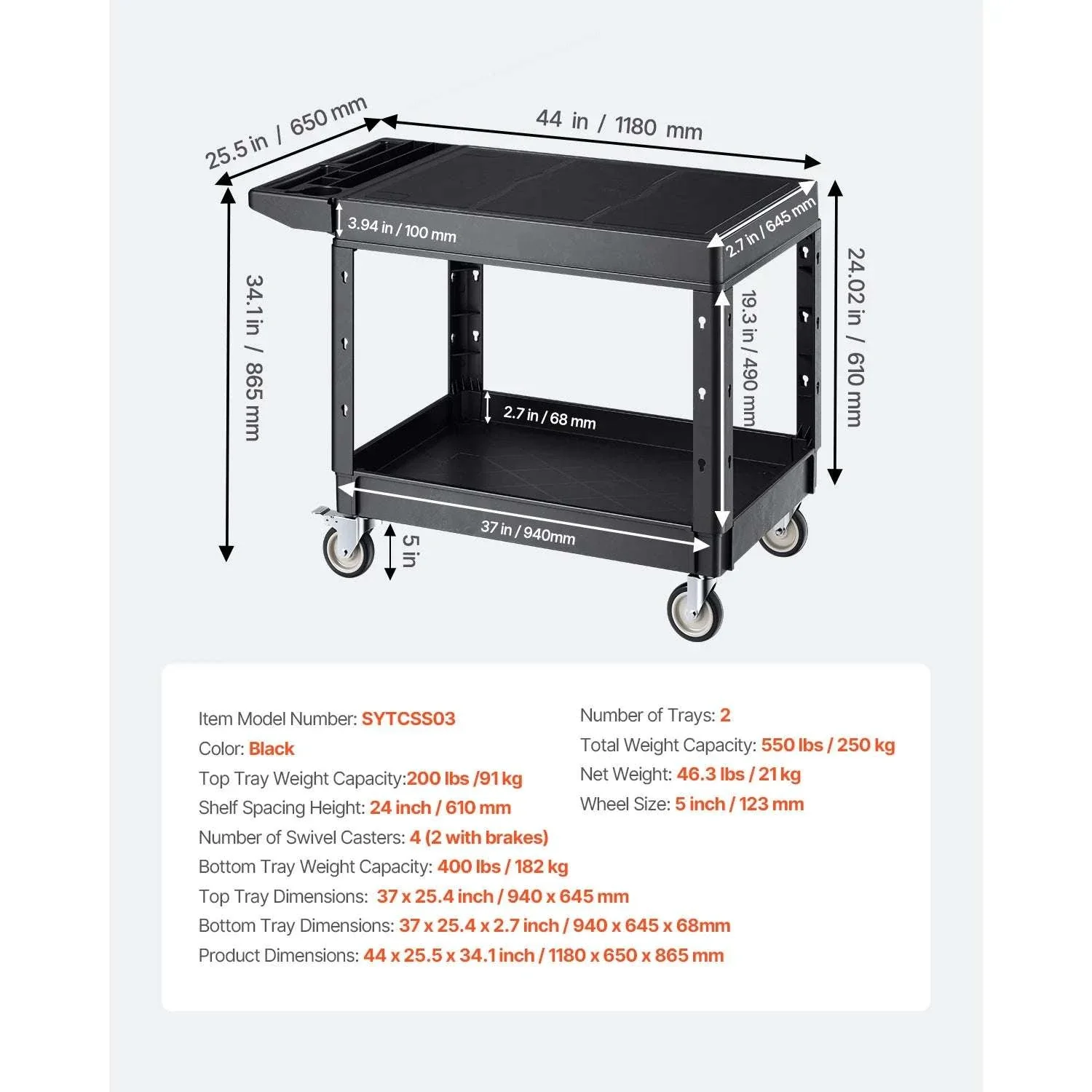 Heavy Duty 2-Tier Utility Cart with 550 lb Capacity & Swivel Wheels - Image 24