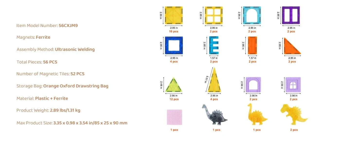 56PCS Magnetic Tiles Building Set with Dinosaur Figures for Kids - Image 13