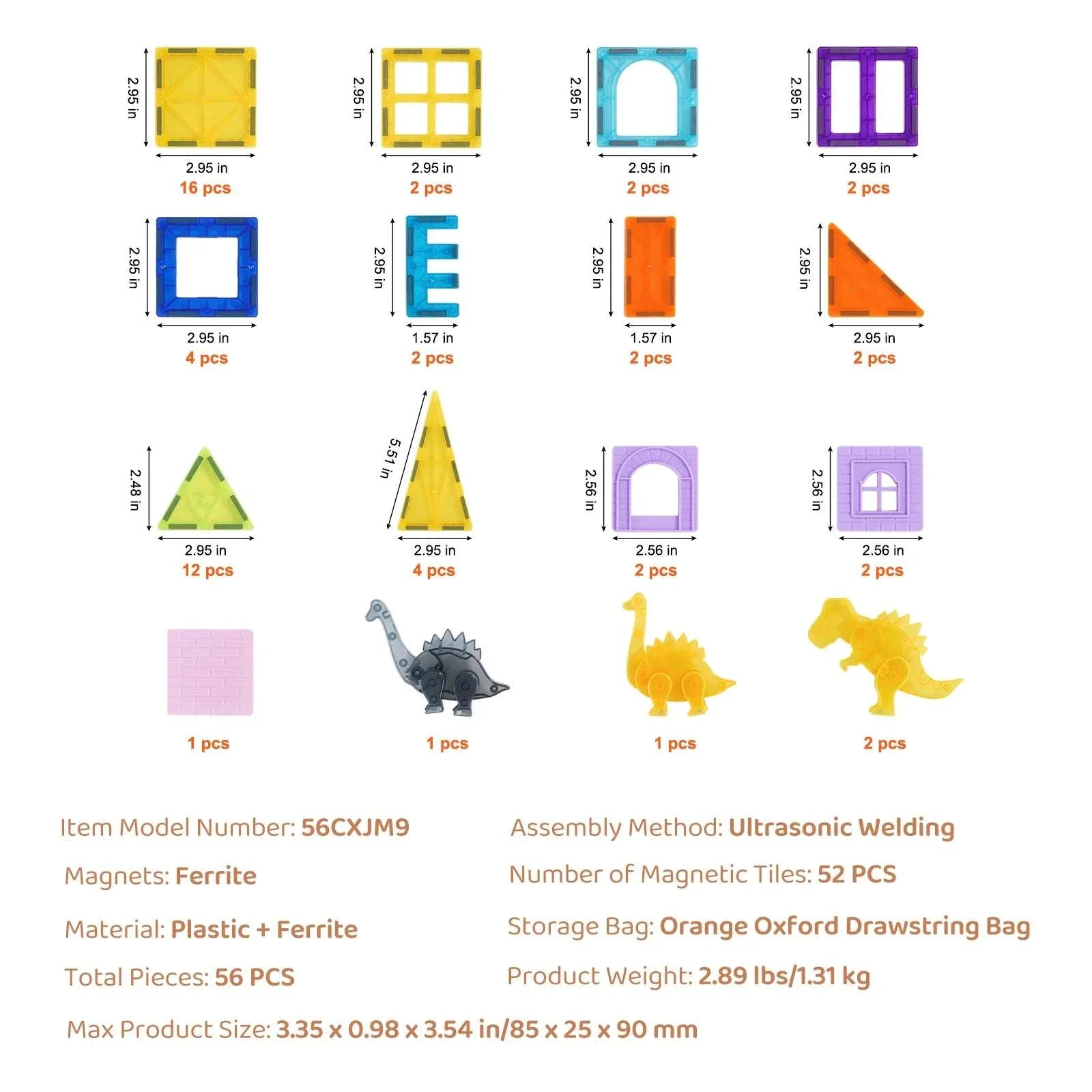 56PCS Magnetic Tiles Building Set with Dinosaur Figures for Kids - Image 14