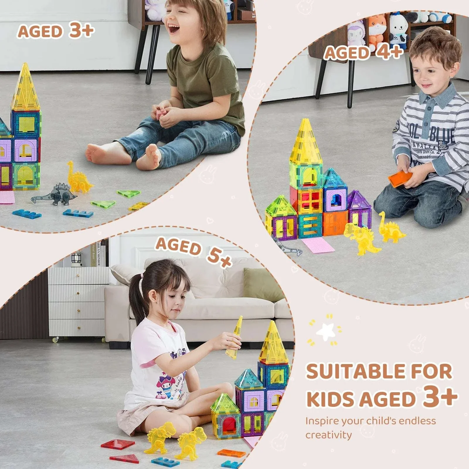 56PCS Magnetic Tiles Building Set with Dinosaur Figures for Kids - Image 4