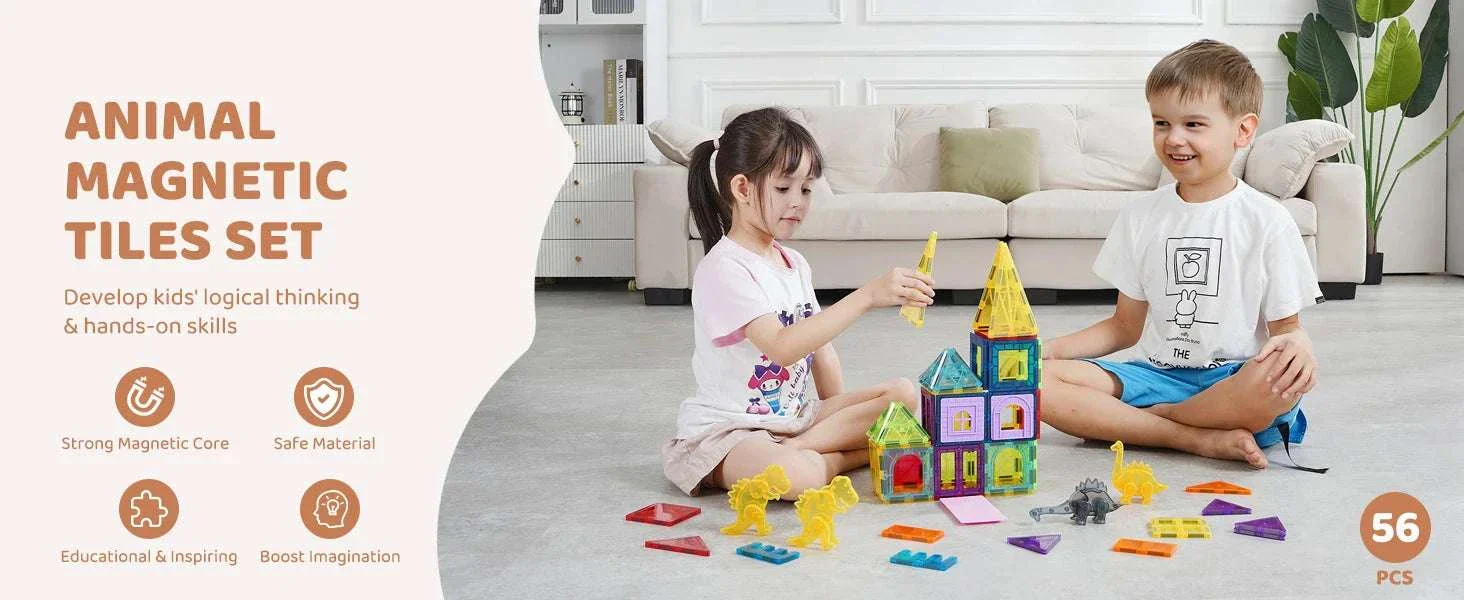 56PCS Magnetic Tiles Building Set with Dinosaur Figures for Kids - Image 8