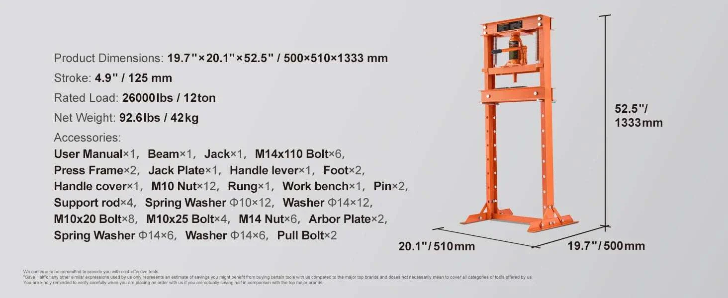12 Ton Hydraulic H-Frame Shop Press with Adjustable Height Plates - Image 16