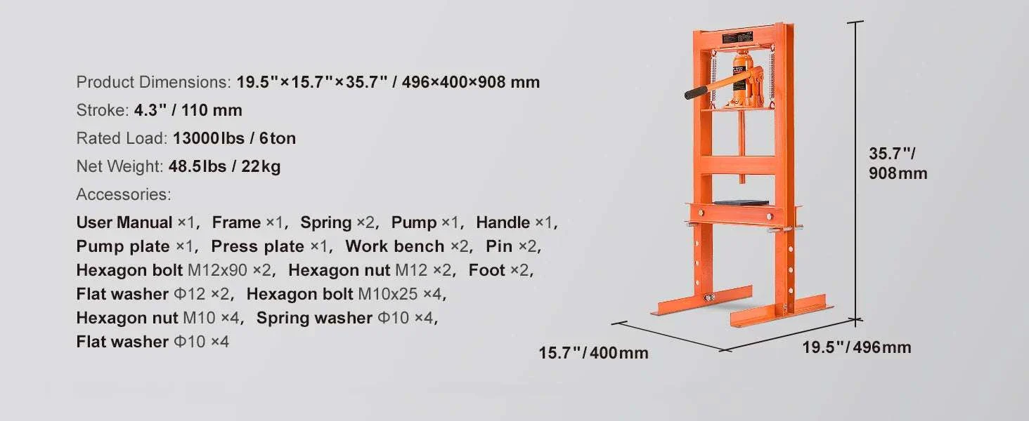 12 Ton Hydraulic H-Frame Shop Press with Adjustable Height Plates - Image 17