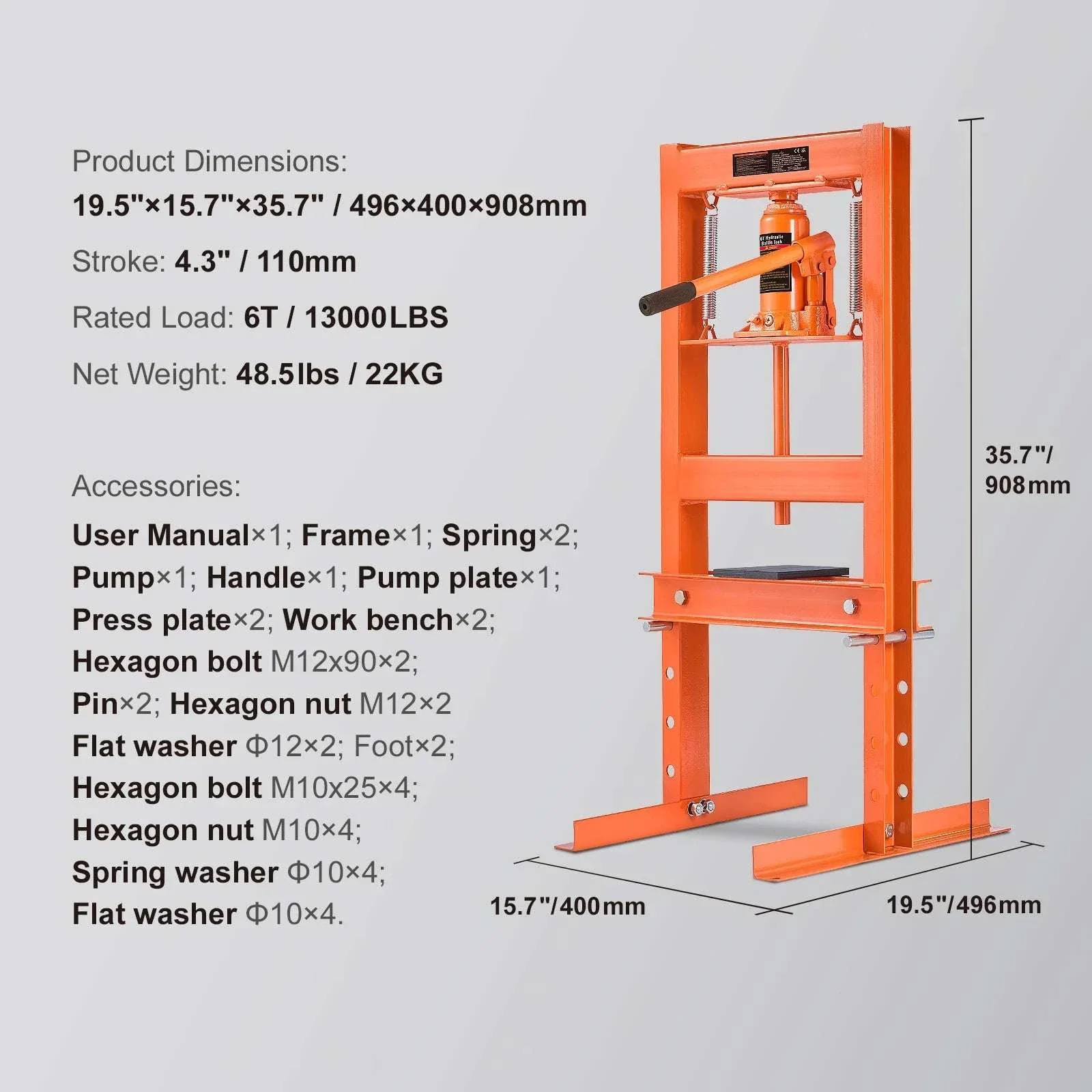 12 Ton Hydraulic H-Frame Shop Press with Adjustable Height Plates - Image 18