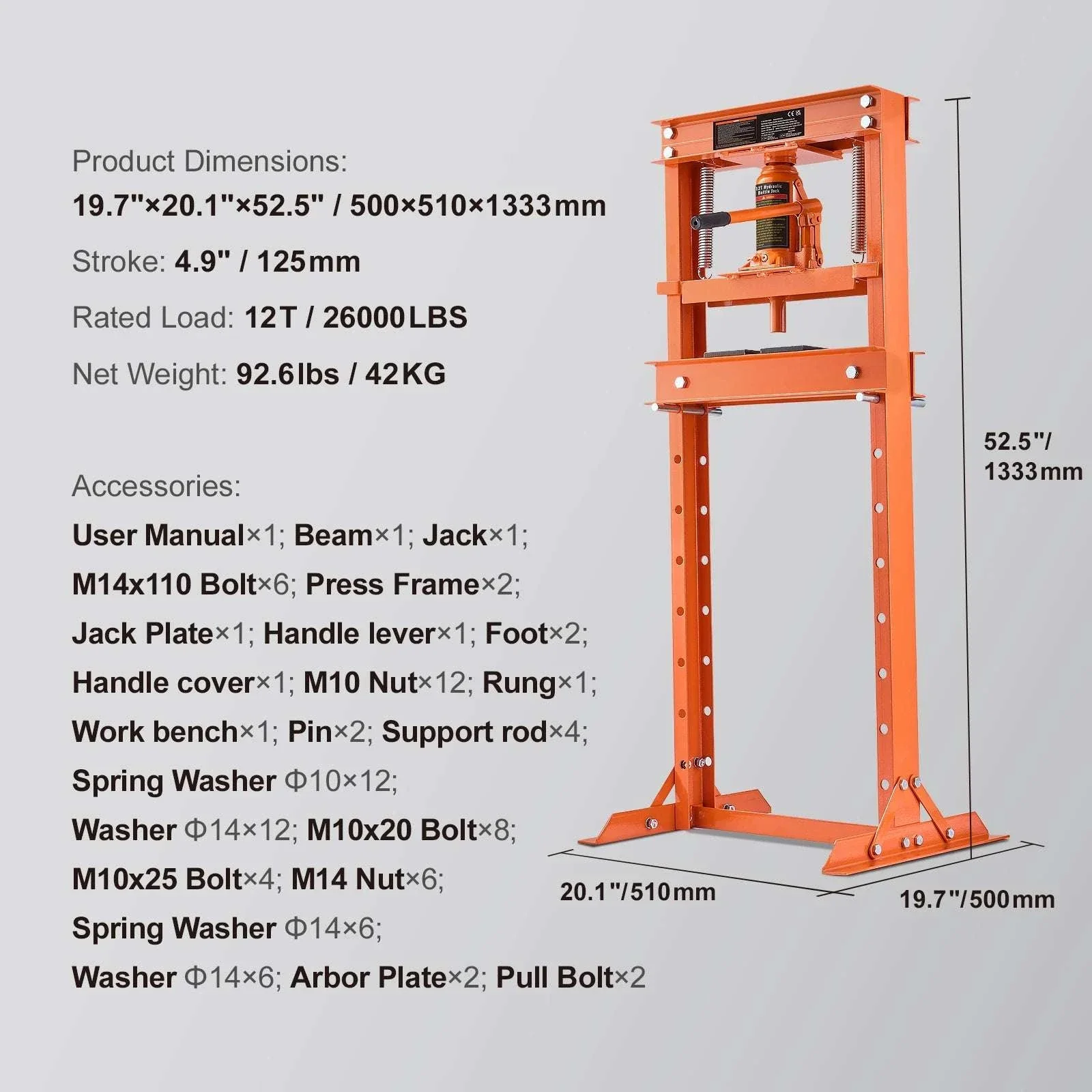 12 Ton Hydraulic H-Frame Shop Press with Adjustable Height Plates - Image 19