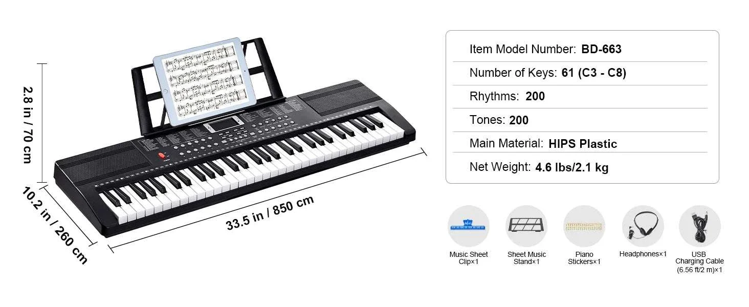 61-Key Digital Keyboard Piano with 200–600 Tones for Beginners - Image 18