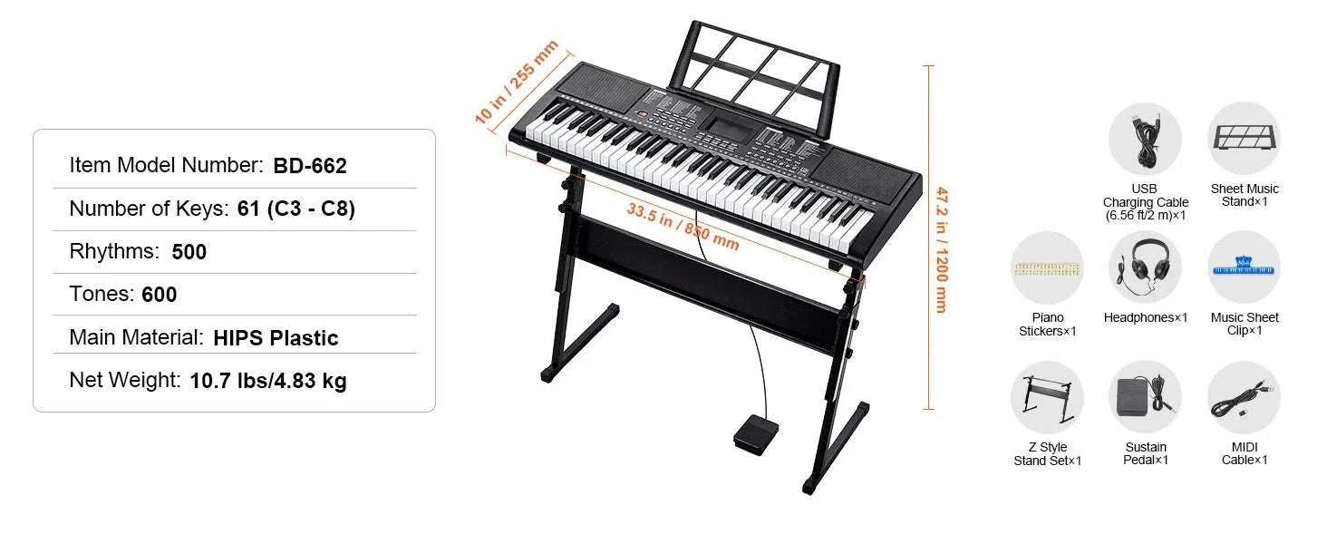 61-Key Digital Keyboard Piano with 200–600 Tones for Beginners - Image 19