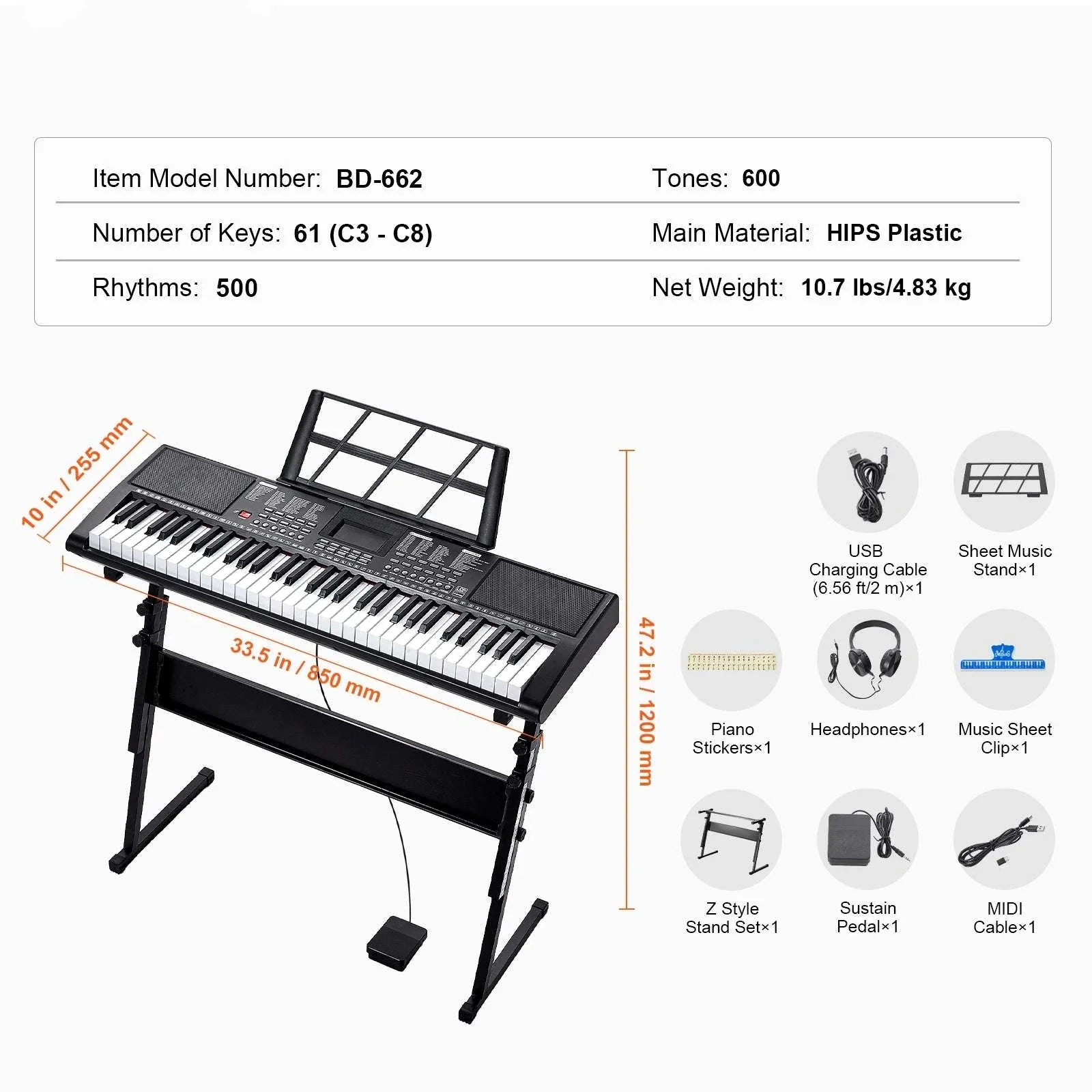 61-Key Digital Keyboard Piano with 200–600 Tones for Beginners - Image 21