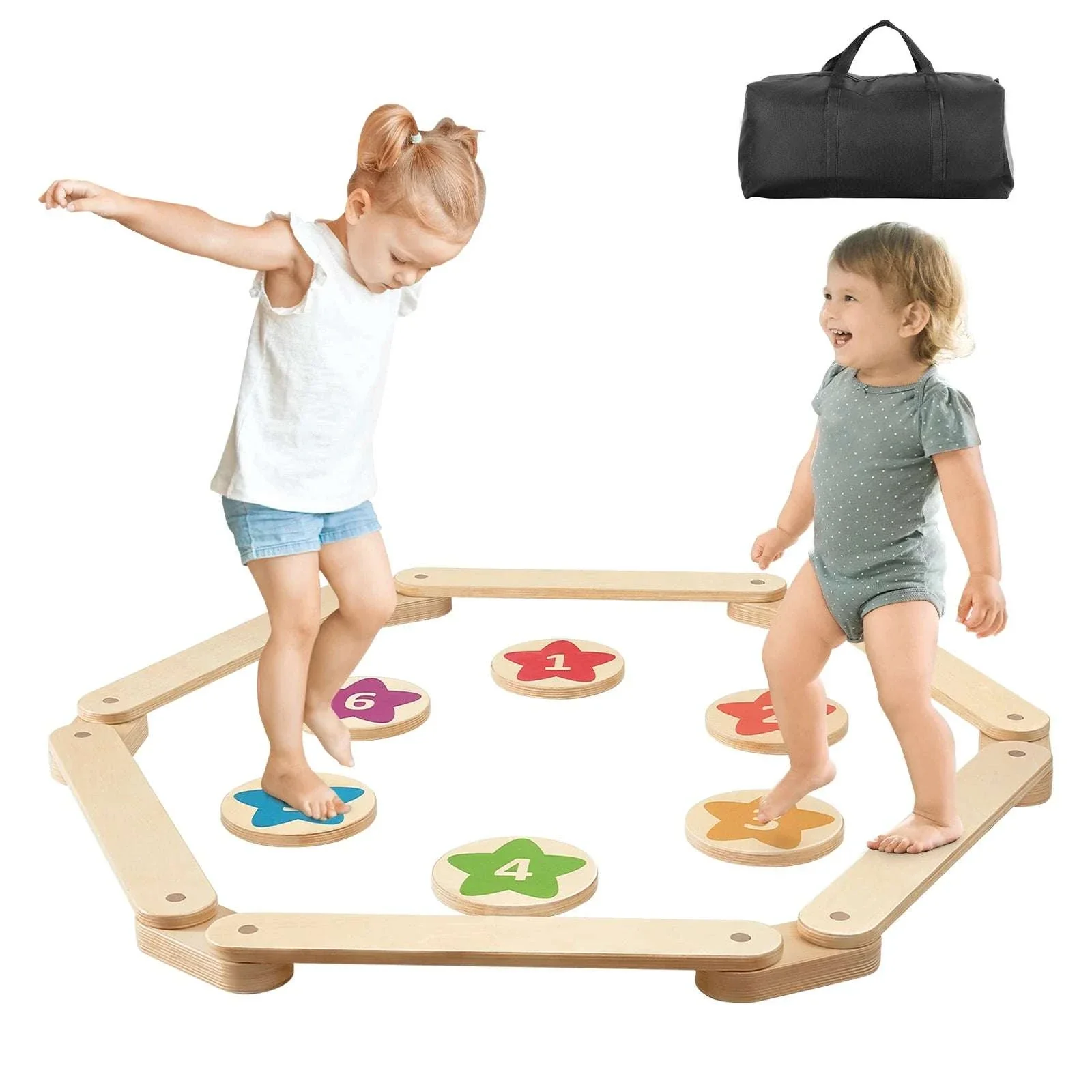 Kids Wooden Balance Beam Set with Stepping Stones (6PCS Montessori Toy)