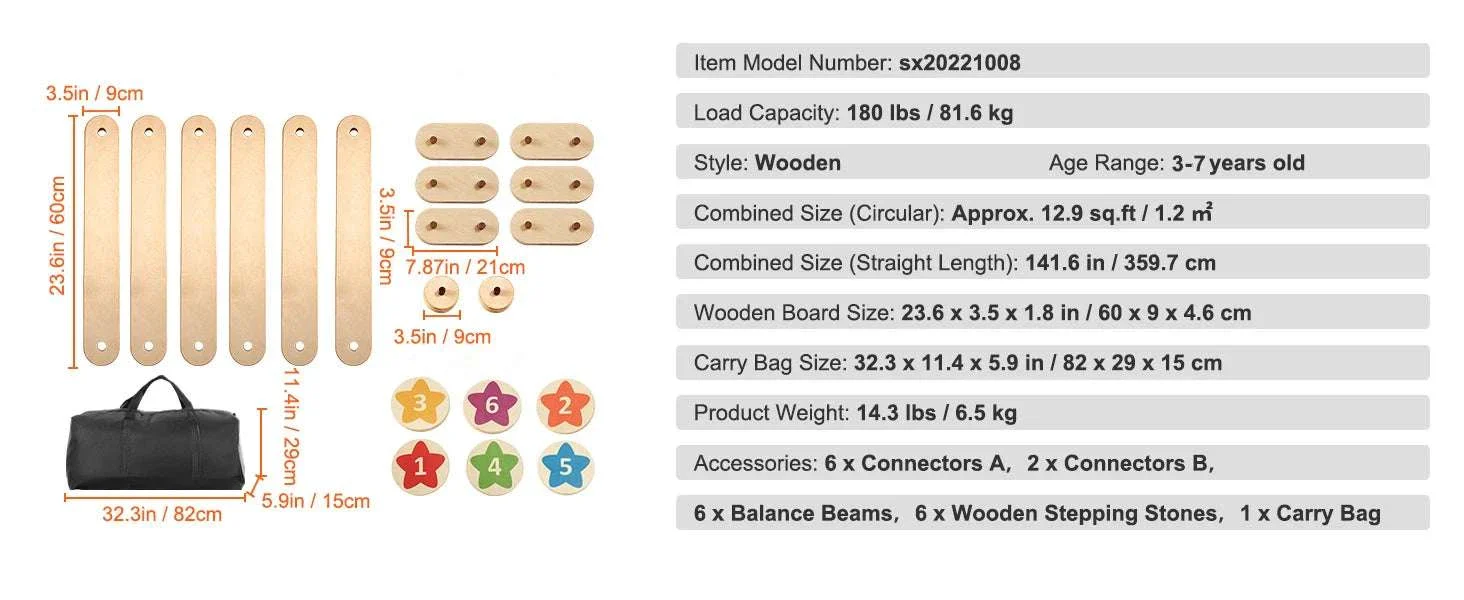 Kids Wooden Balance Beam Set with Stepping Stones (6PCS Montessori Toy) - Image 13