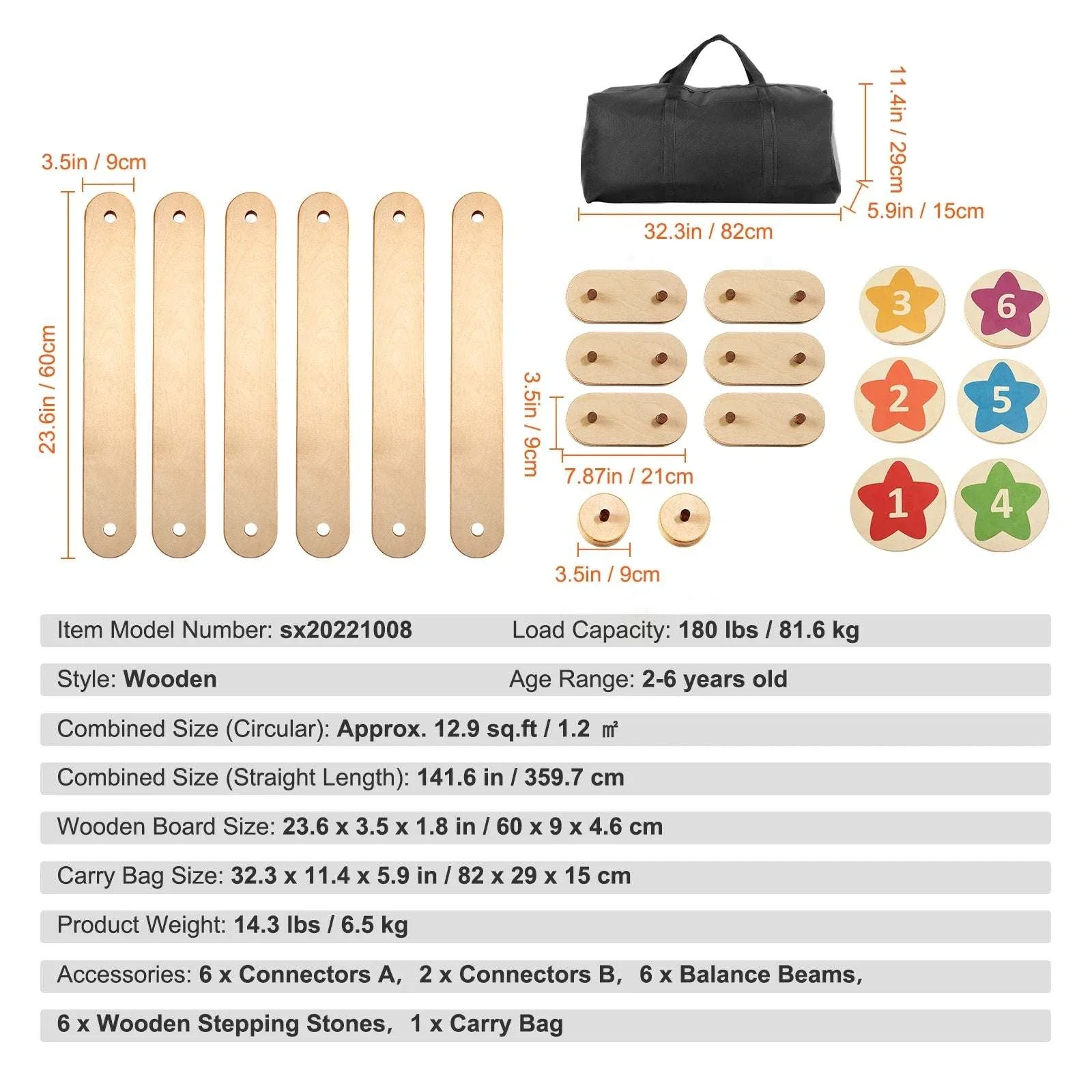 Kids Wooden Balance Beam Set with Stepping Stones (6PCS Montessori Toy) - Image 14