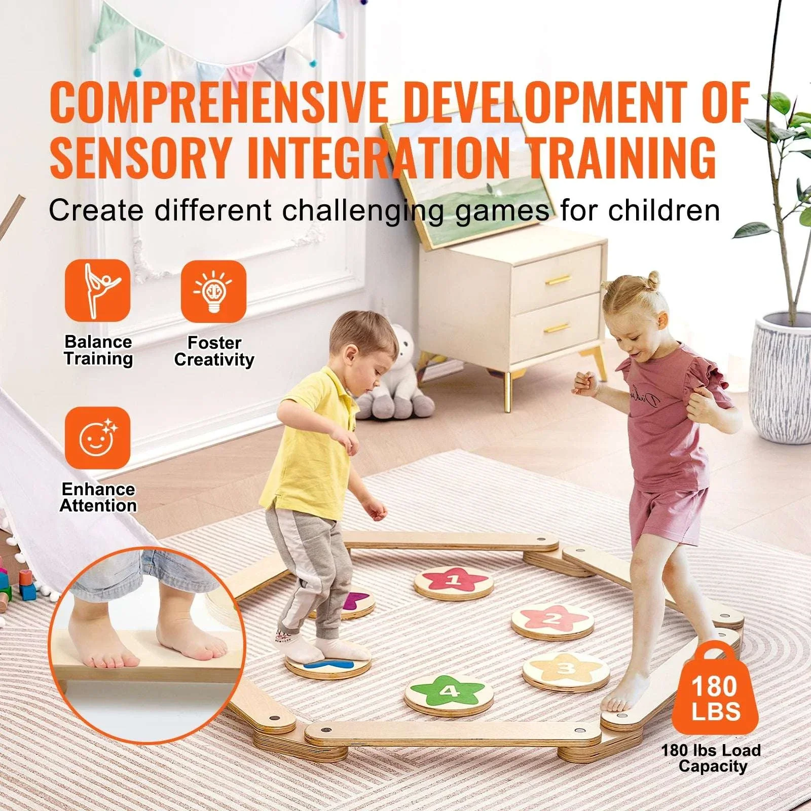 Kids Wooden Balance Beam Set with Stepping Stones (6PCS Montessori Toy) - Image 2