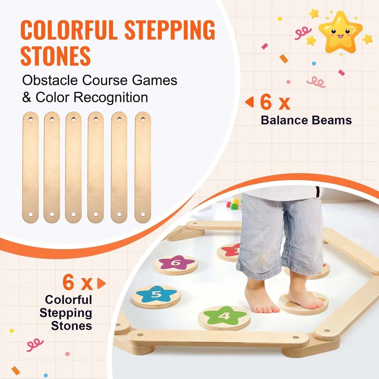 Kids Wooden Balance Beam Set with Stepping Stones (6PCS Montessori Toy) - Image 3