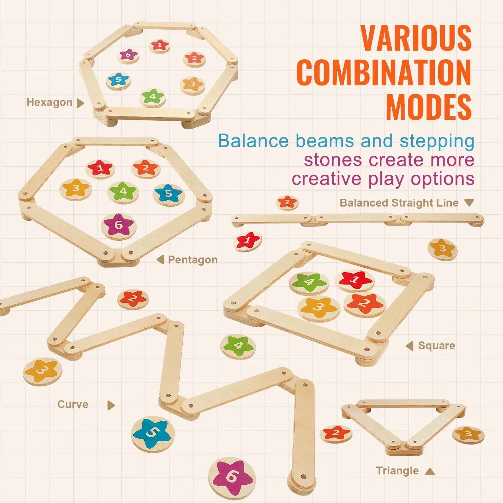 Kids Wooden Balance Beam Set with Stepping Stones (6PCS Montessori Toy) - Image 6