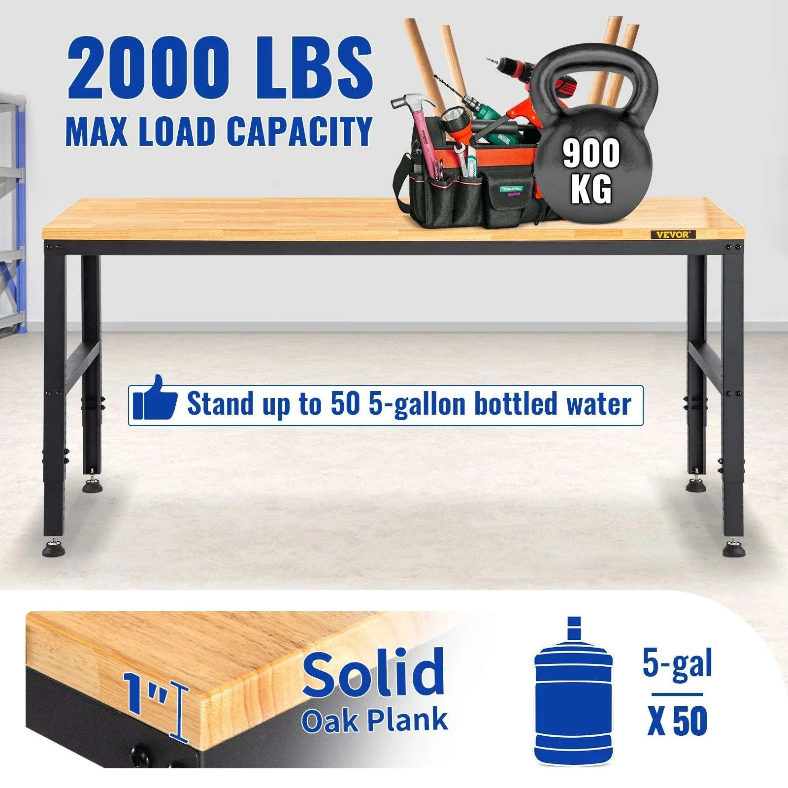 72" Adjustable Height Workbench with Oak Top, 900kg Capacity - Image 5