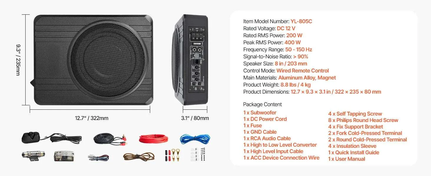 8" Underseat Car Subwoofer with Built-In Amp 240W Peak Power - Image 15