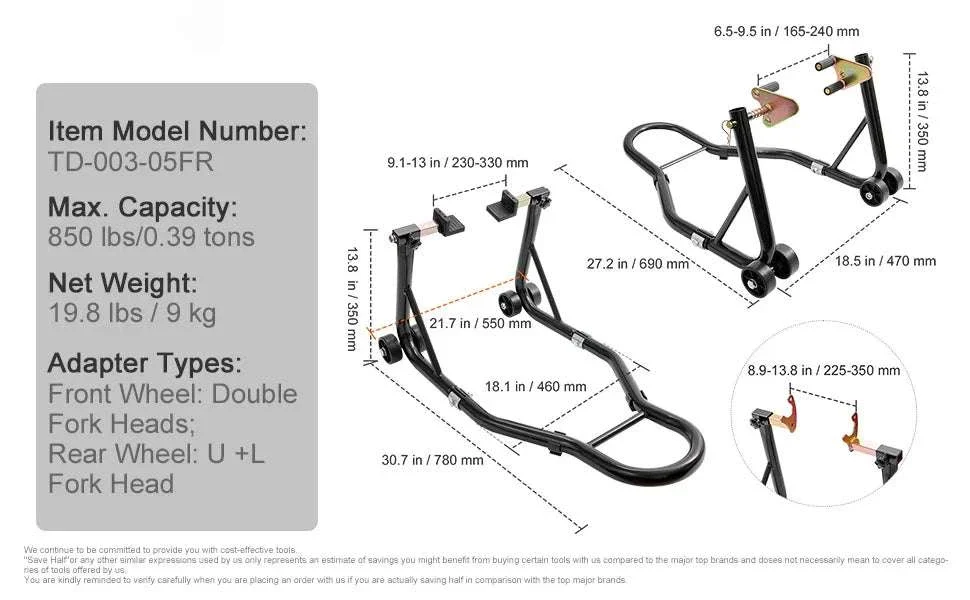 850lb Motorcycle Front & Rear Stand Lift Combo for Stable Maintenance - Image 13
