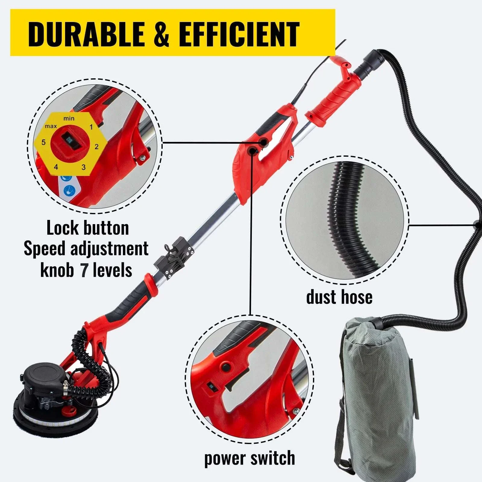 850W Drywall Sander with Variable Speed, LED Light & Extendable Handle - Image 2