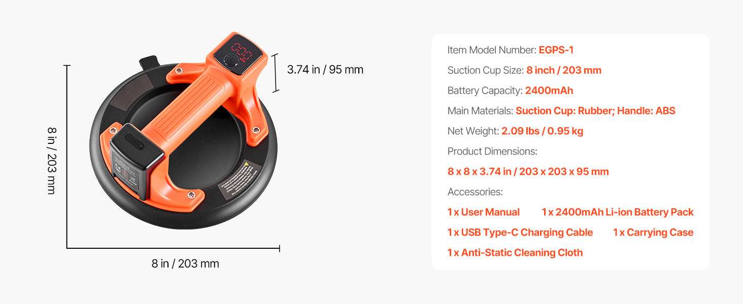 8-Inch Electric Vacuum Suction Cup Lifter 440lb with Display - Image 13