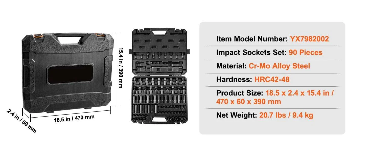 90-Piece 3/8" Impact Socket Set SAE & Metric Cr-Mo Steel - Image 13