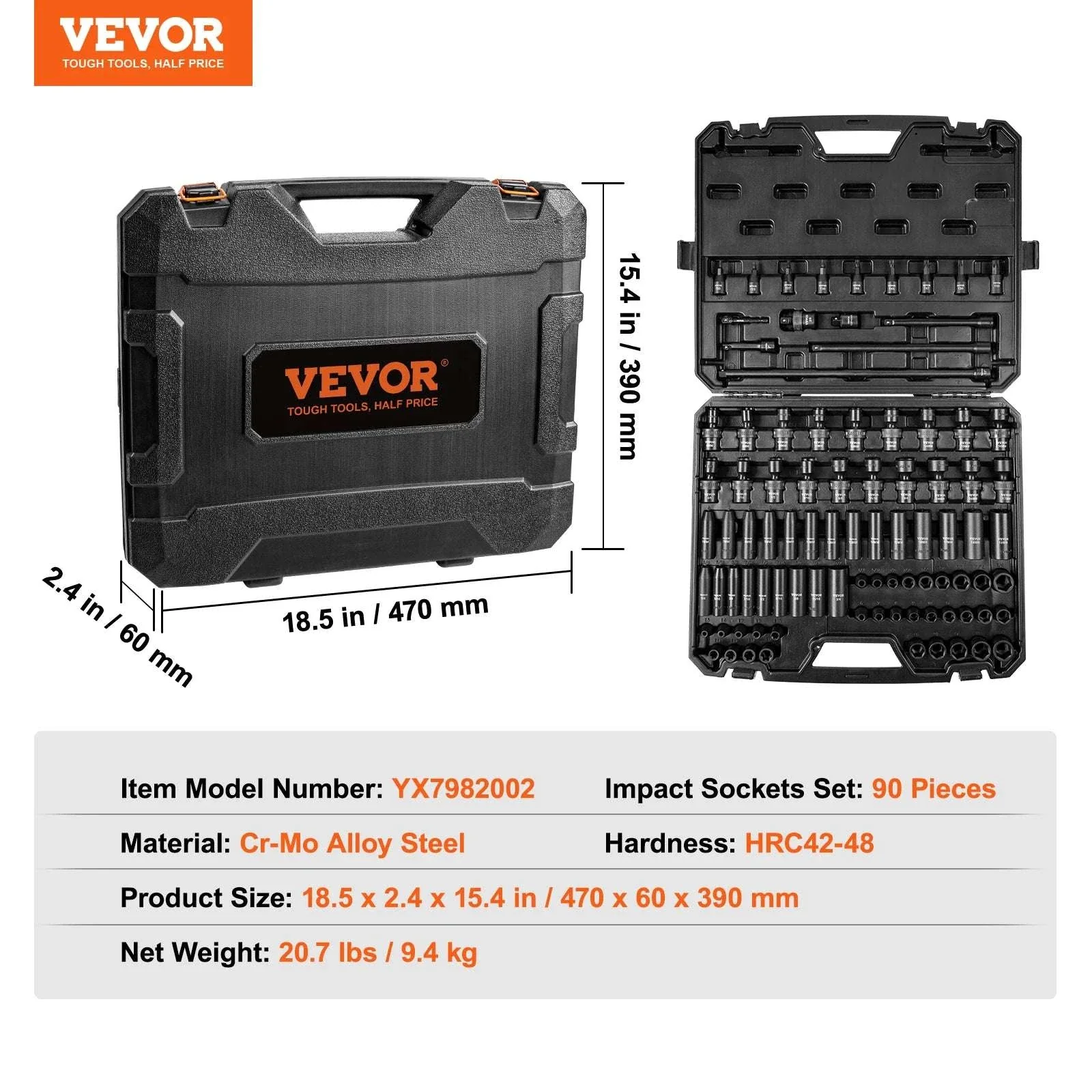 90-Piece 3/8" Impact Socket Set SAE & Metric Cr-Mo Steel - Image 14