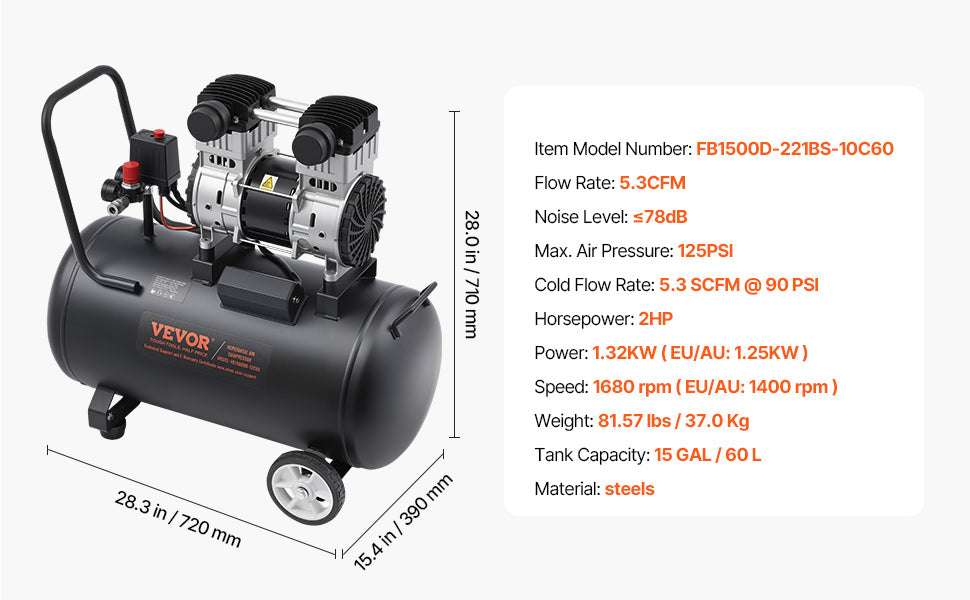 Oil-Free Air Compressor 125PSI Quiet Electric Pump for Tire & Tools - Image 14