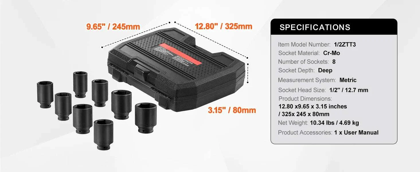 1/2" Drive Axle Nut Impact Socket Set 8-Piece Metric 12-Point - Image 12