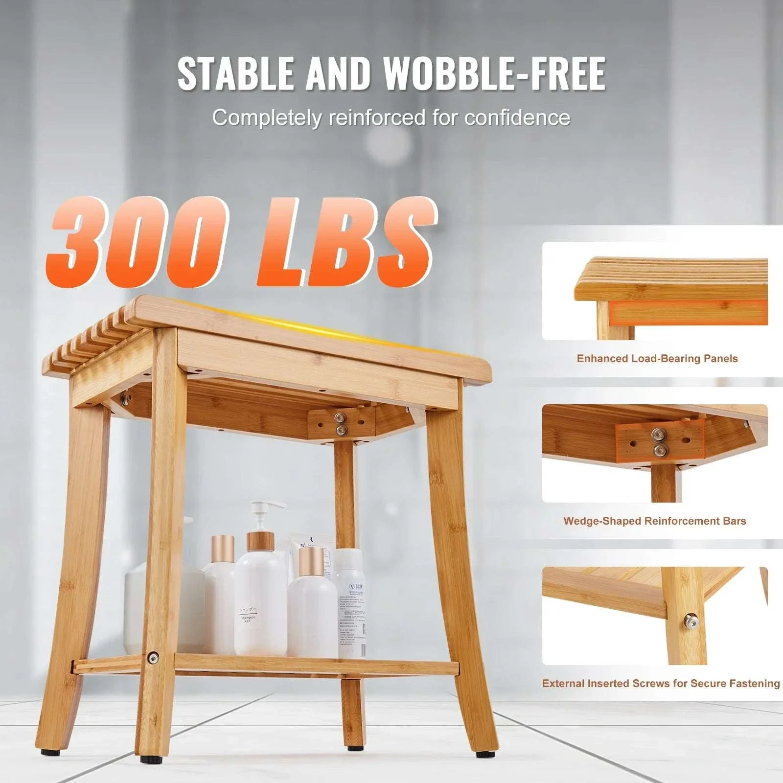 Bamboo Shower Bench with Storage Shelf 330lb Capacity Stool - Image 3