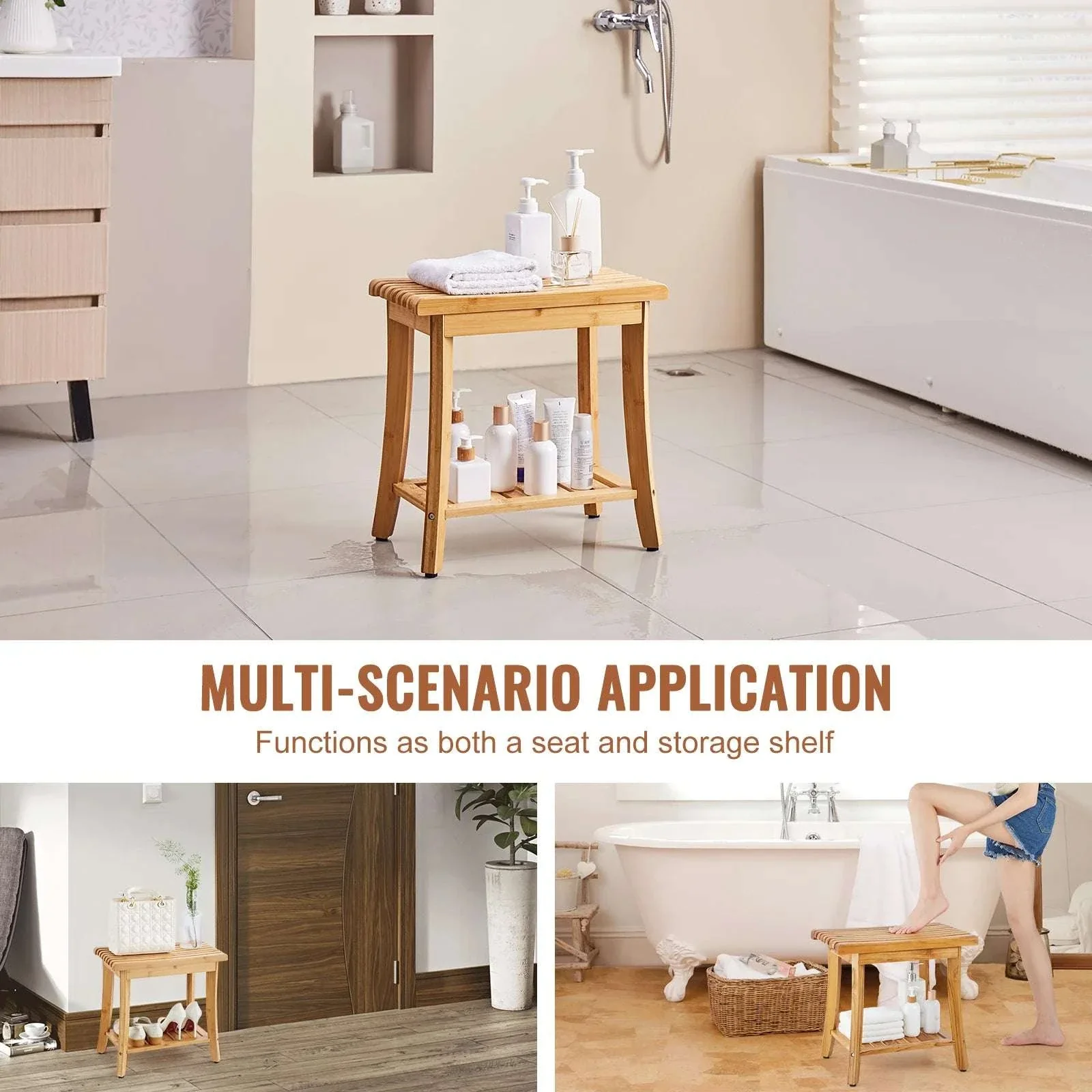 Bamboo Shower Bench with Storage Shelf 330lb Capacity Stool - Image 6