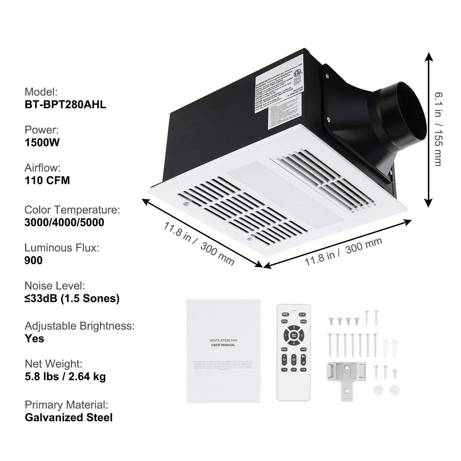 Bathroom Exhaust Fan with LED Light 80/110 CFM Quiet Heating - Image 20