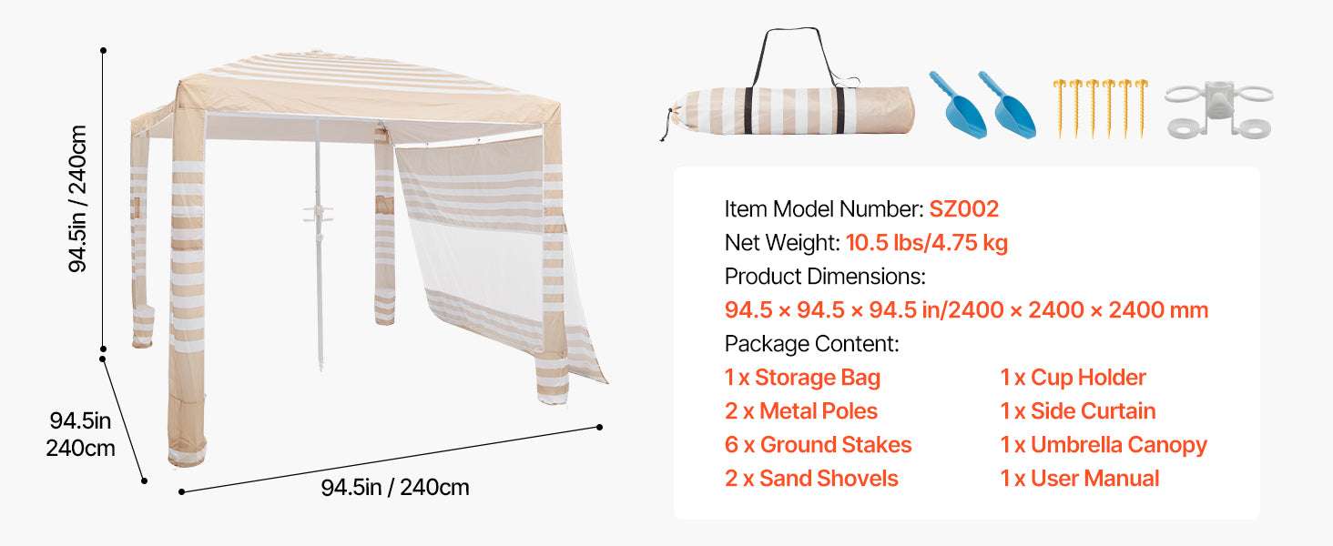 8x8 ft Beach Cabana Tent with UPF 50+ Shade & Side Wall - Image 17