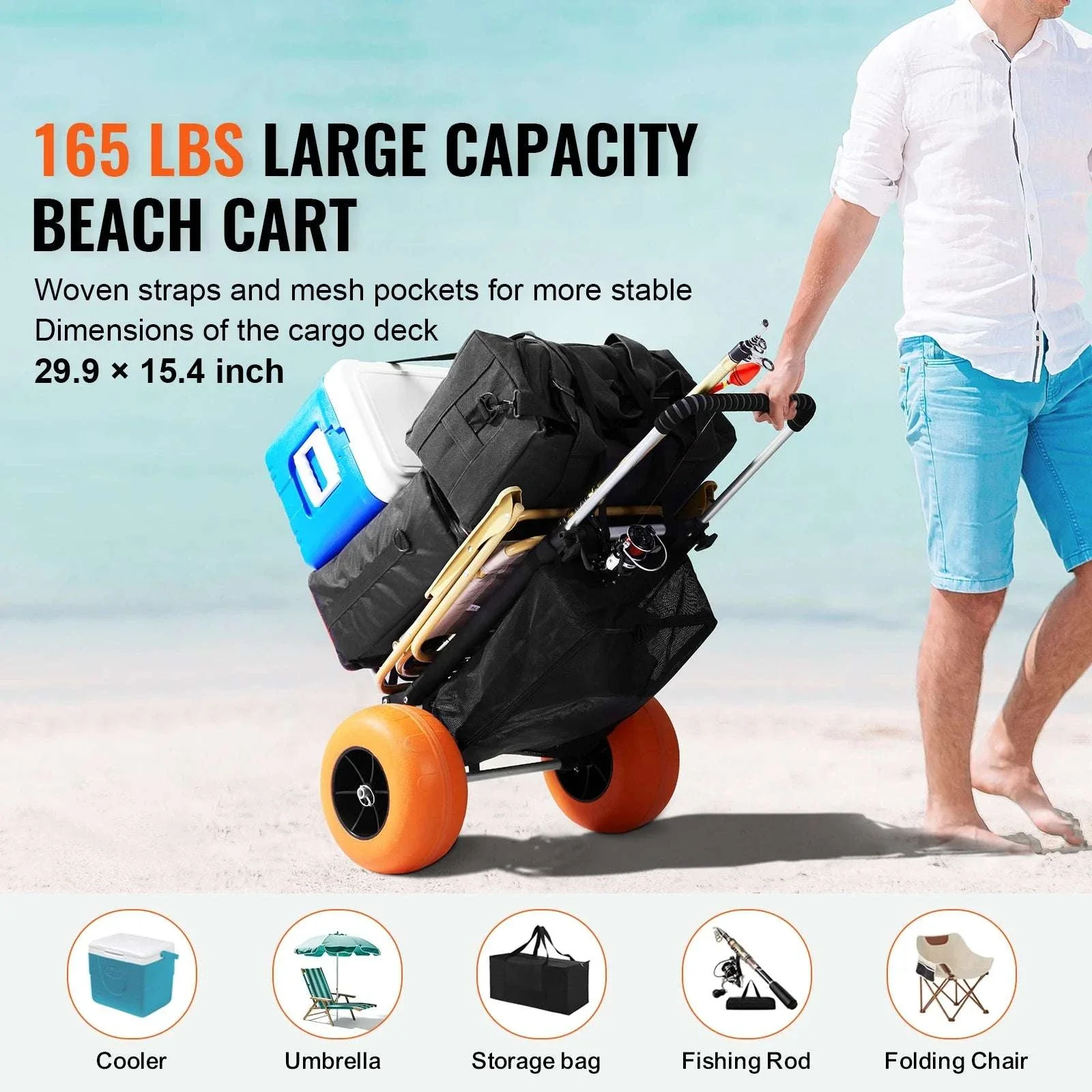 Beach Dolly Cart with Big Sand Wheels 165lb Folding Cargo Carrier - Image 2