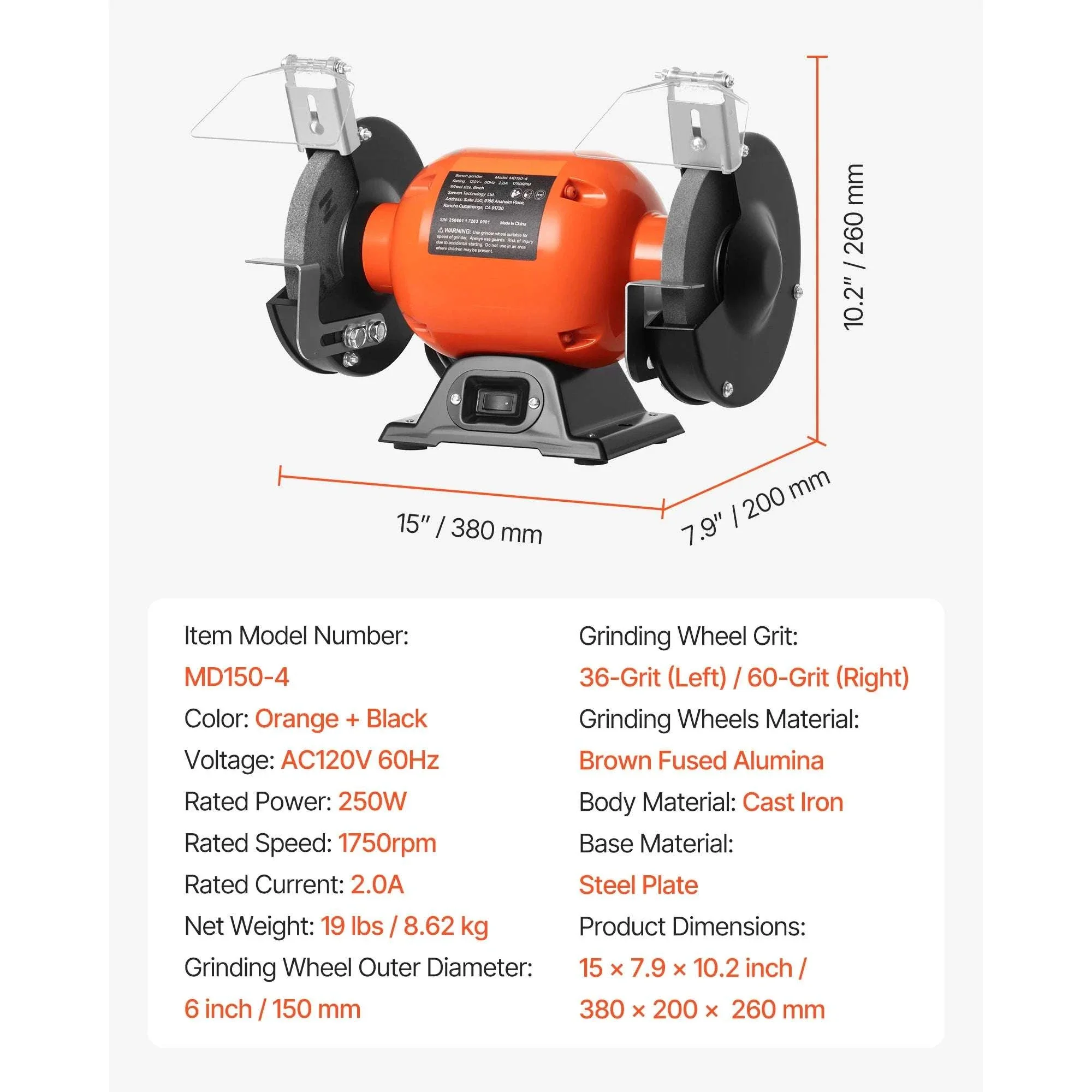 6-Inch Bench Grinder 1750RPM Low-Speed with Adjustable Tool Rest - Image 14