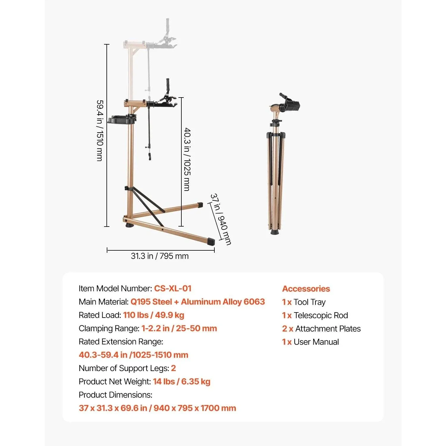 Adjustable Bike Repair Stand with 360° Clamp & Tool Tray - Image 17