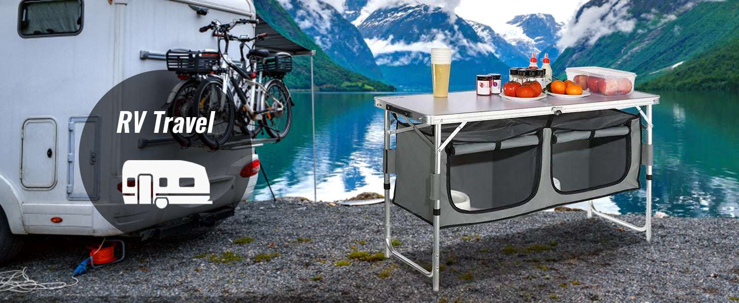 Folding Camping Kitchen Table with Storage & Adjustable Height - Image 14