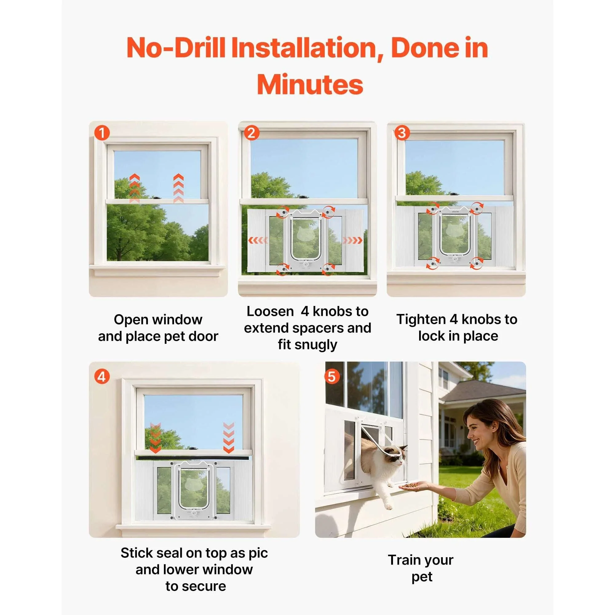 Adjustable Window Cat Door with 4 Lock Modes, 23–28 Inch Fit - Image 5
