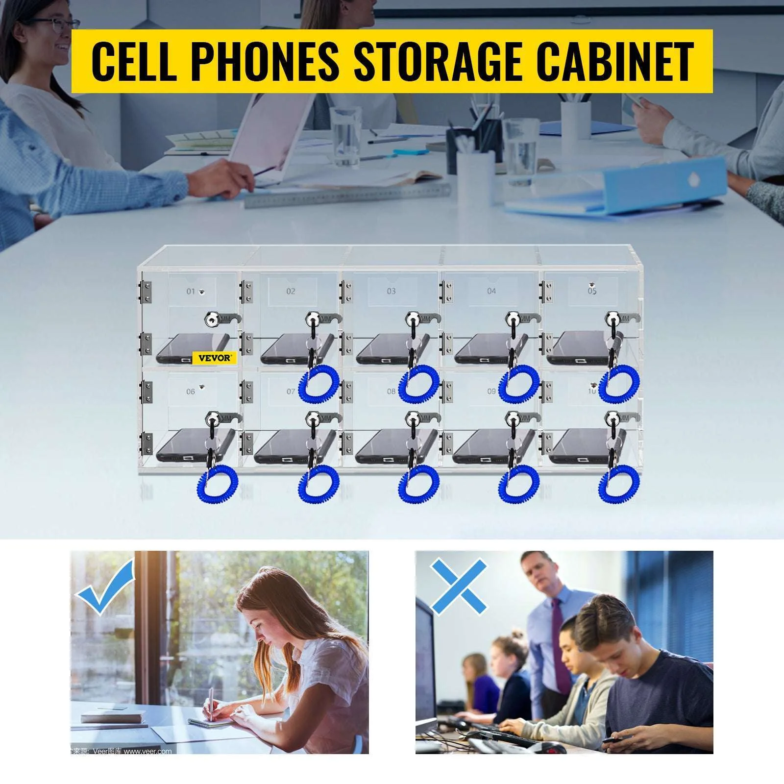 Lockable Cell Phone Storage Locker with 10/20 Slots Acrylic Cabinet - Image 9