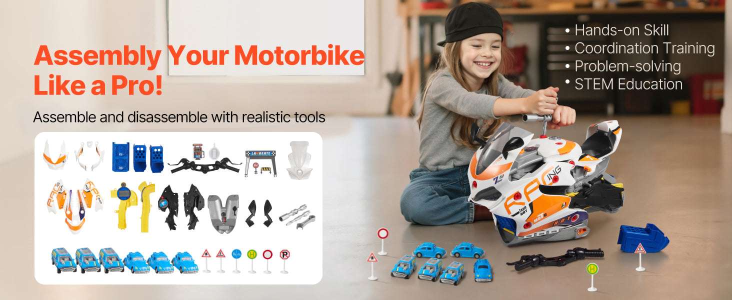 Kids Motorcycle Engine Toy Set with Lights, Sounds & 25 Pieces - Image 9