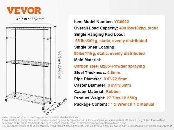 Adjustable Heavy Duty Garment Rack with Wheels & Storage Shelf - Image 24