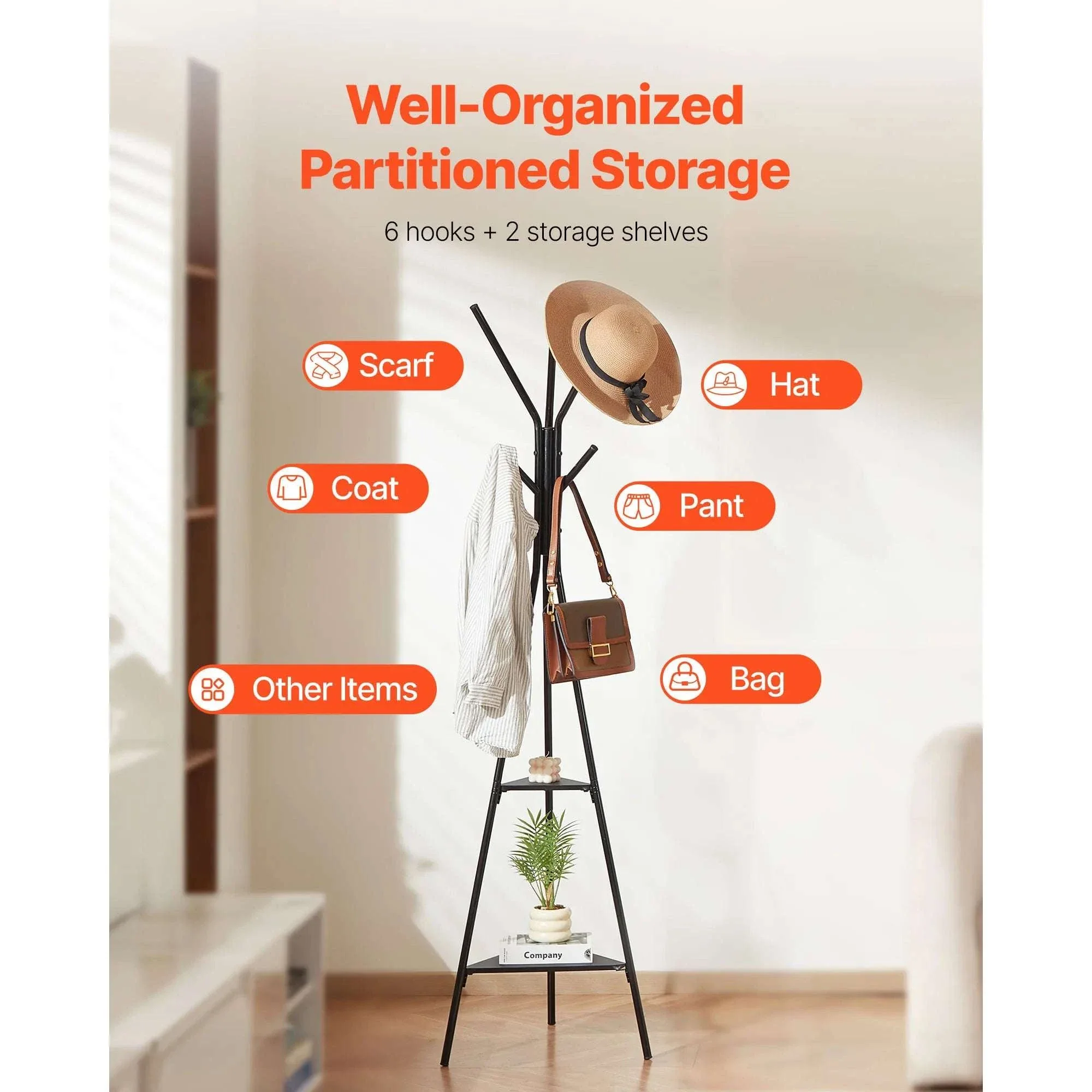 Freestanding Coat Rack with Shelves and Hooks for Entryway Storage - Image 5