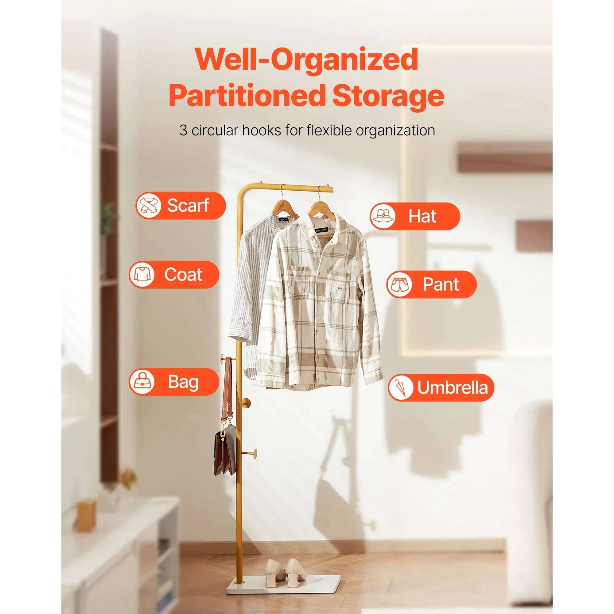 Freestanding Coat Rack with Quartz Base and 3 Hooks Stand - Image 5