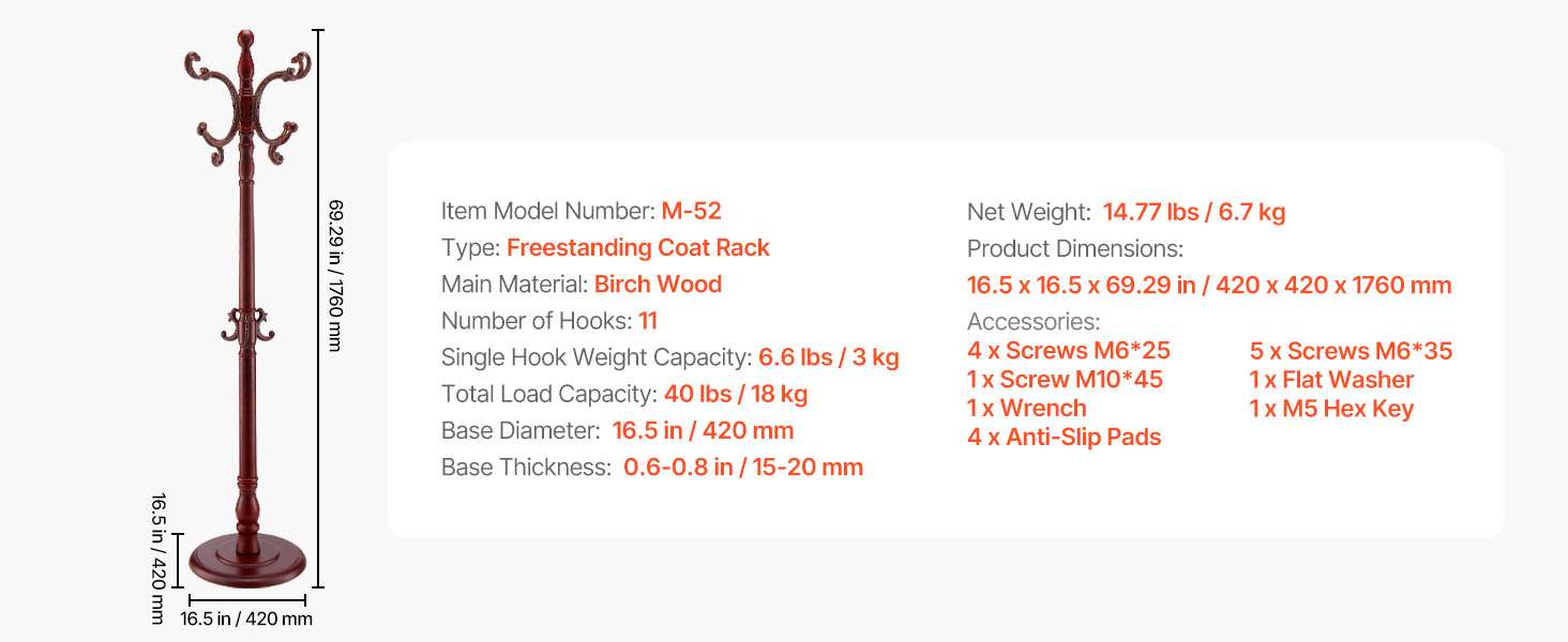 Freestanding Wooden Coat Rack with 11 Hooks & Weighted Base - Image 13