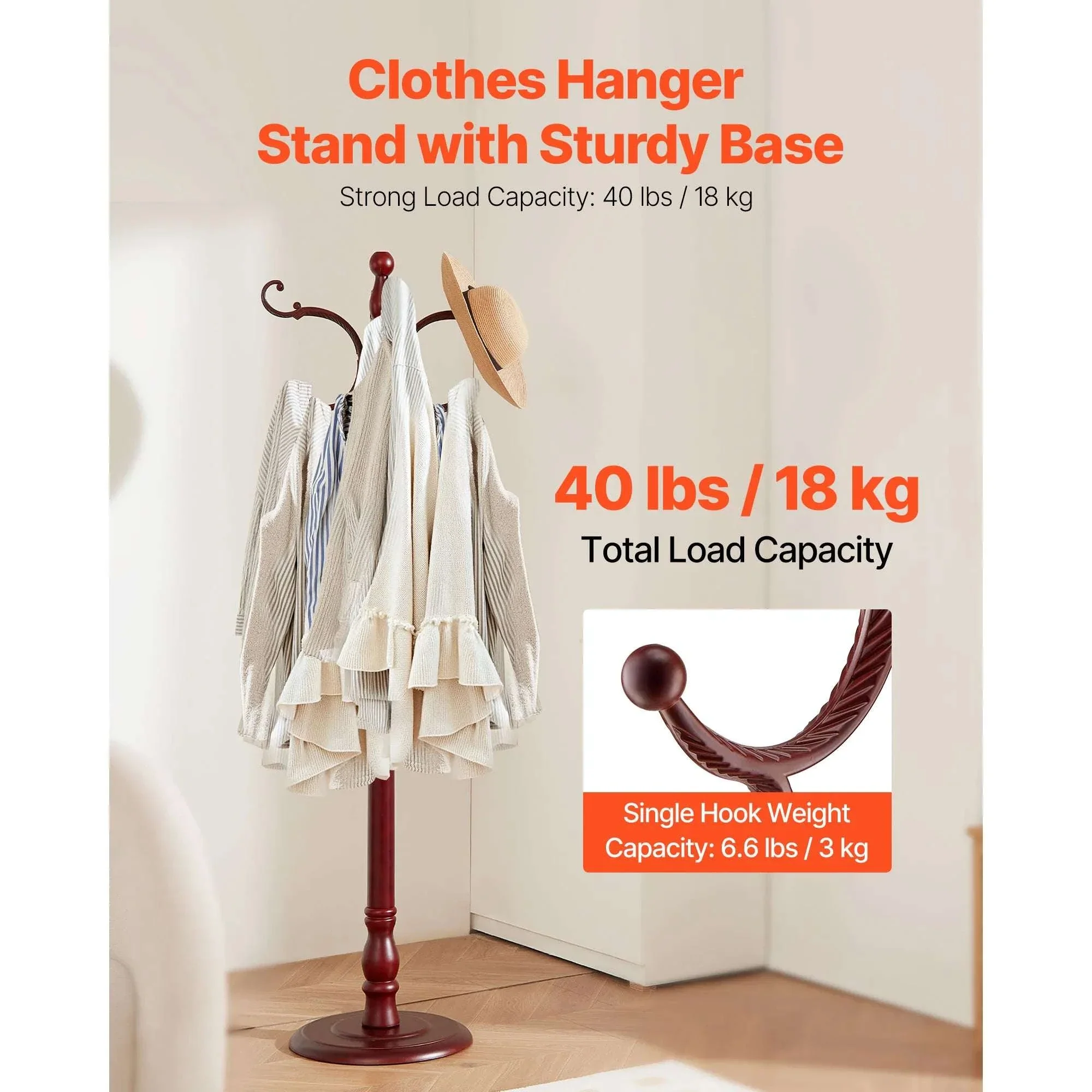 Freestanding Wooden Coat Rack with 11 Hooks & Weighted Base - Image 2