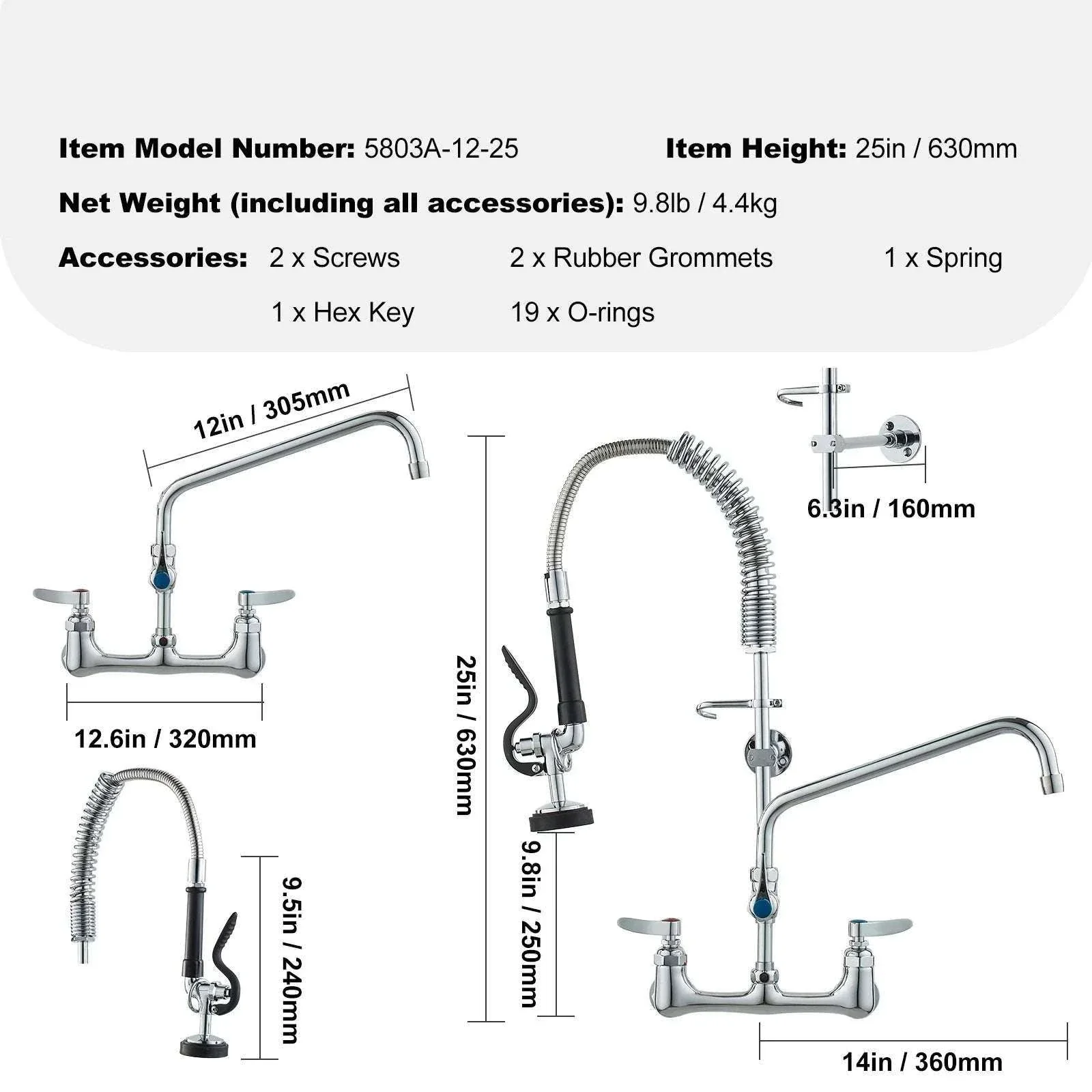 Commercial Wall Mount Kitchen Faucet with Pre-Rinse Sprayer - Image 10