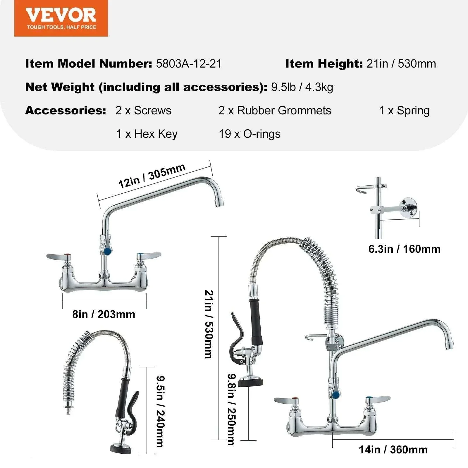 Commercial Wall Mount Kitchen Faucet with Pre-Rinse Sprayer - Image 11