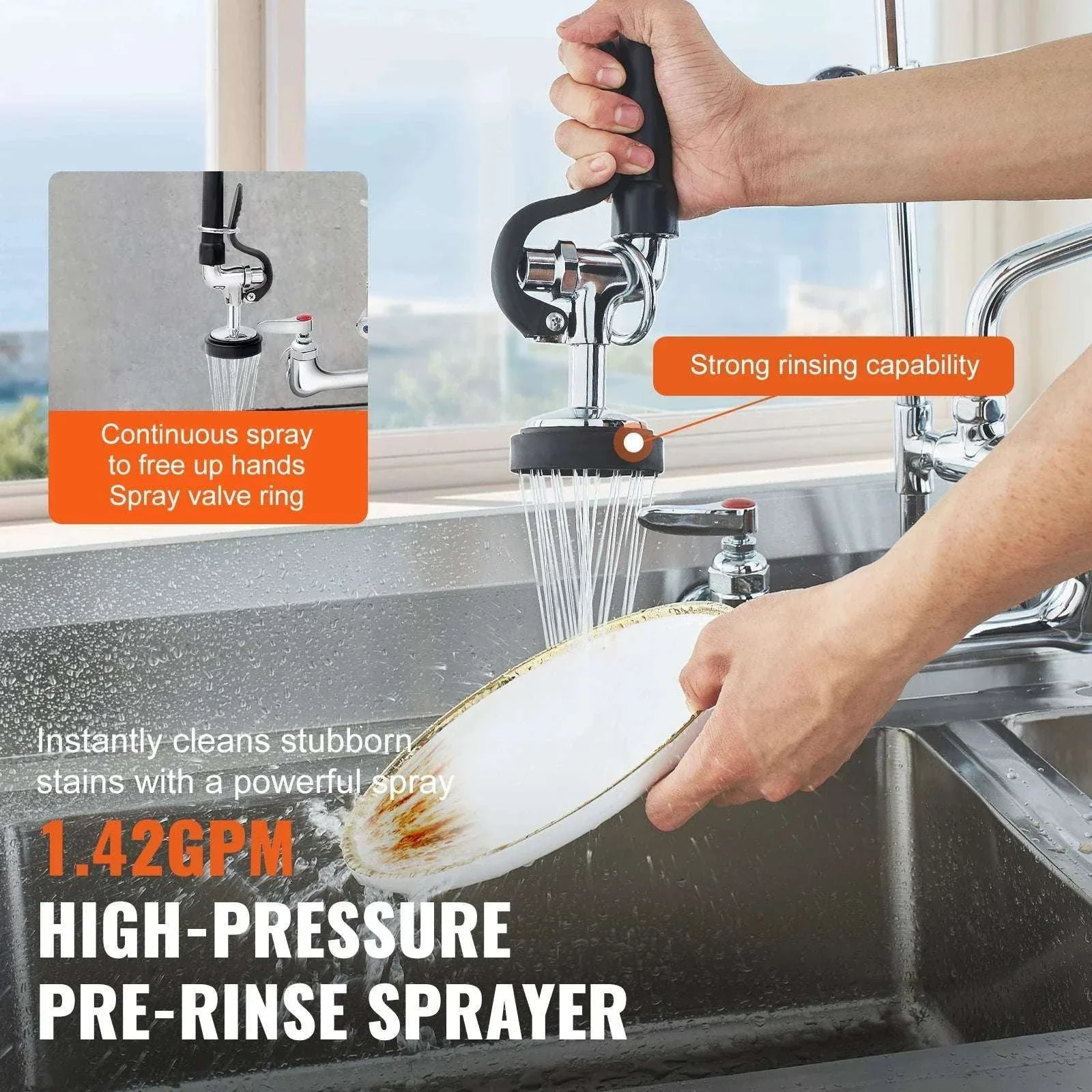 Commercial Wall Mount Kitchen Faucet with Pre-Rinse Sprayer - Image 4