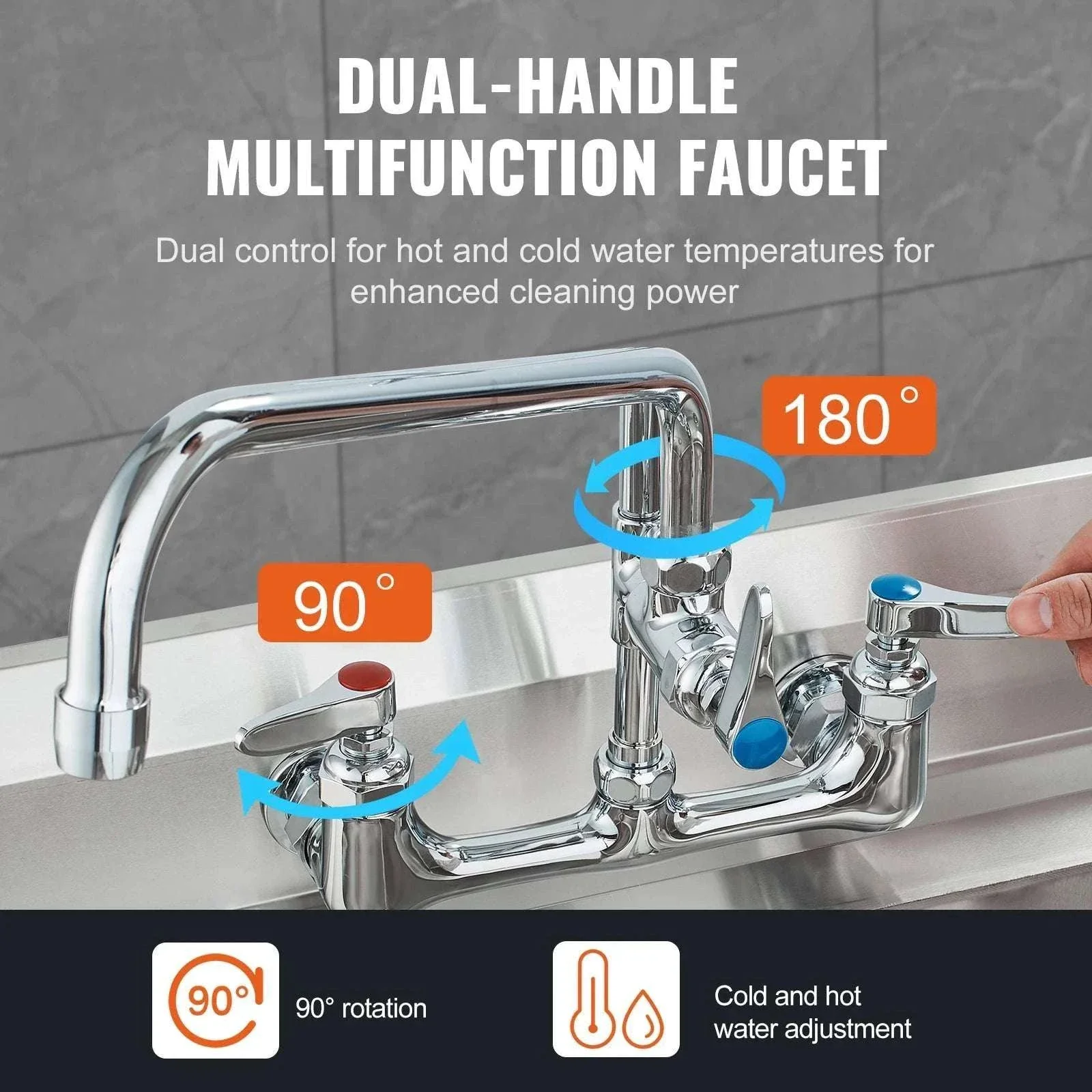 Commercial Wall Mount Kitchen Faucet with Pre-Rinse Sprayer - Image 5