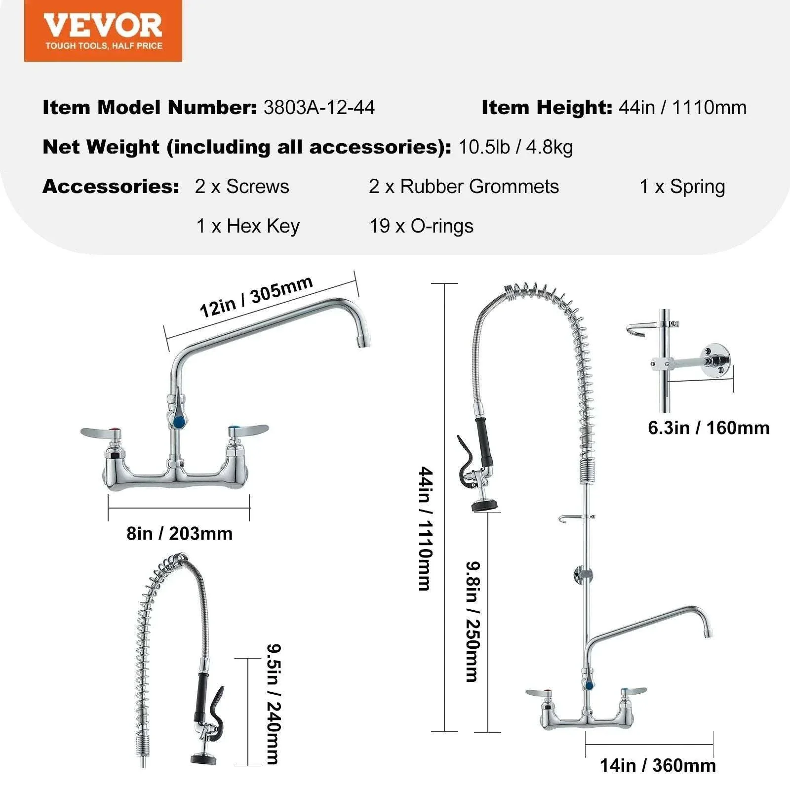 Commercial Wall Mount Kitchen Faucet with Pre-Rinse Sprayer - Image 7