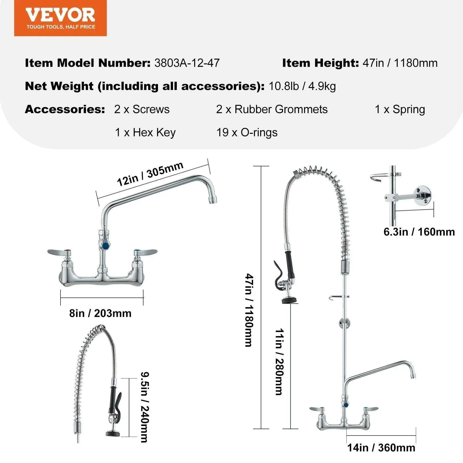 Commercial Wall Mount Kitchen Faucet with Pre-Rinse Sprayer - Image 8